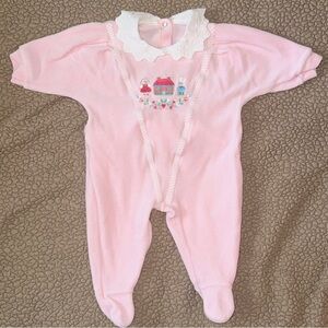 5/$20 Vintage Pink Velour Footie Coverall Romper Lace Collar, Embroidered 3M